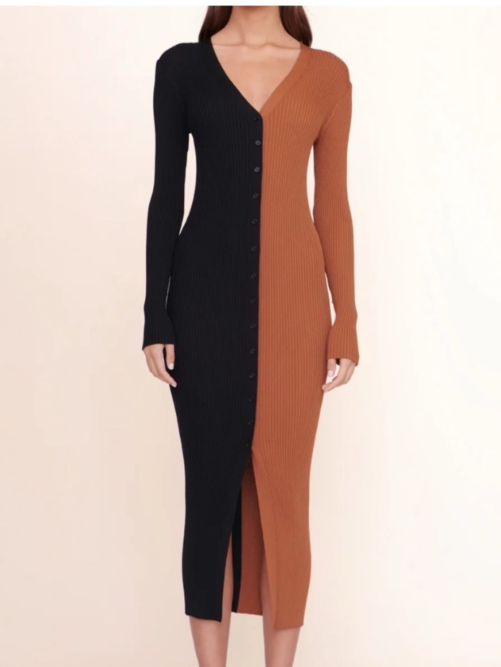 STAUD Shoko Two-Tone Black/Brown Rust Colorblock Ribbed V-Neck Sweater Dress XS